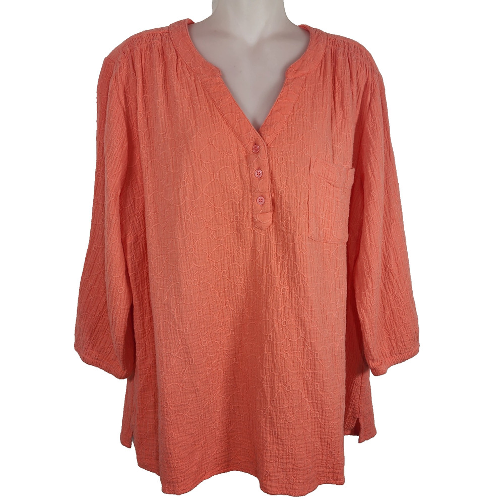 Denim & Co. Beach Womens 100% Cotton Woven Gauze Y Neck Top Sunset Coral XL